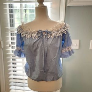 Icy Fashion Blue and White delicate stripe top with lace